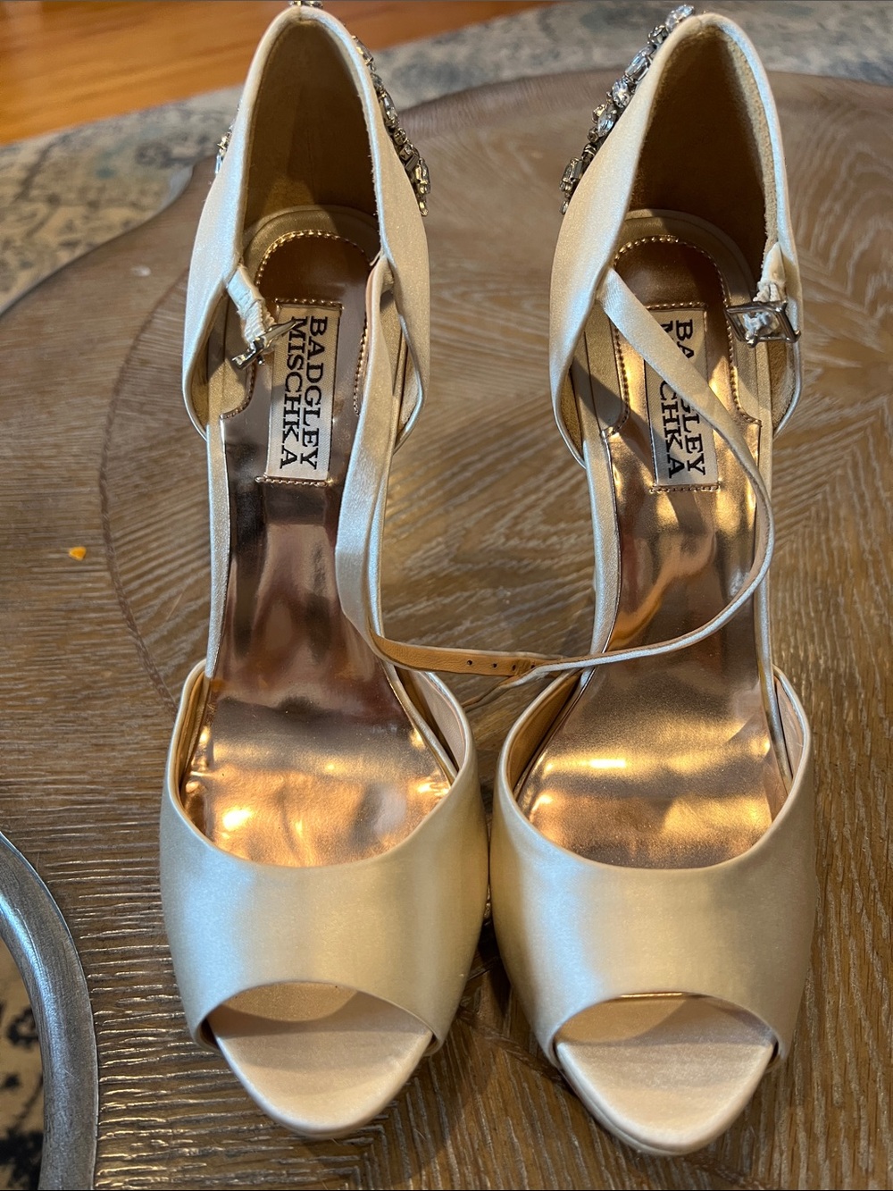 Badgley Mischka Champagne Satin Peep-Toe Heels with Crystal Accent